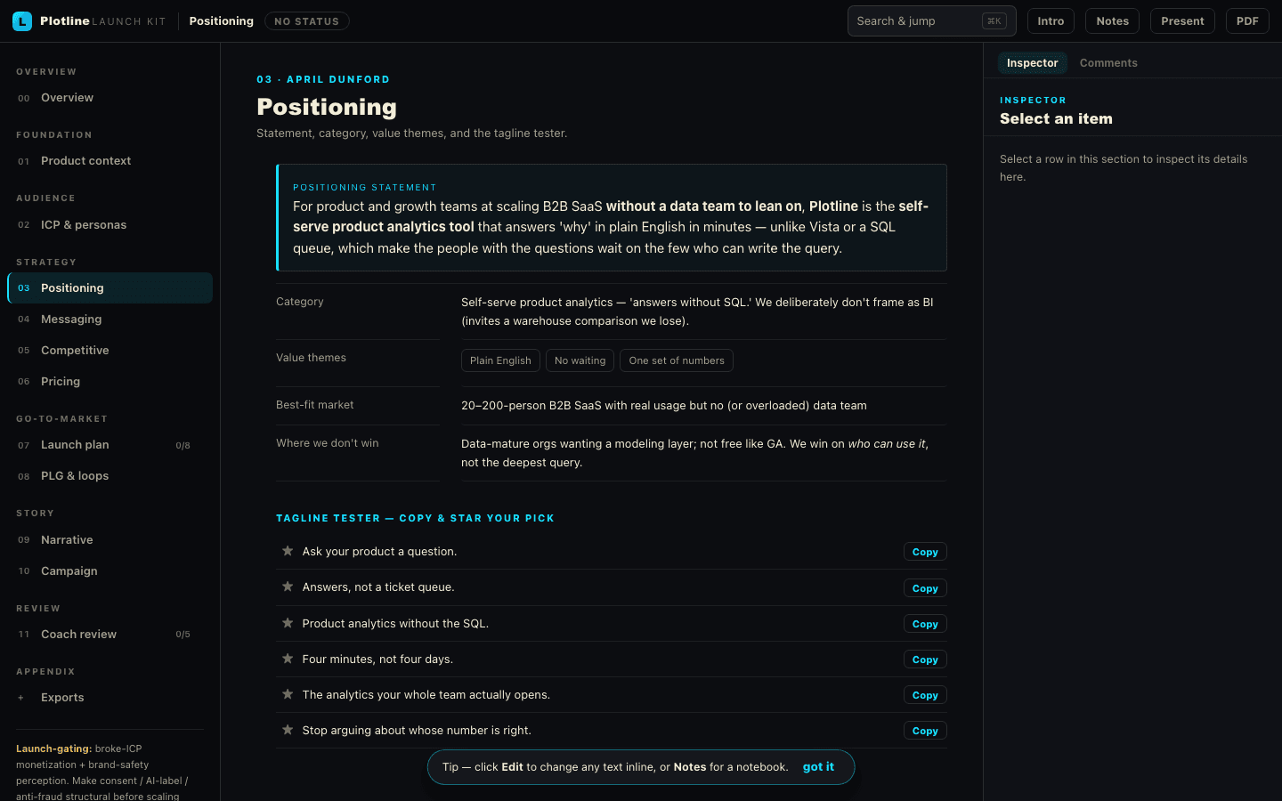 PMM OS launch kit — modeless editor and comments